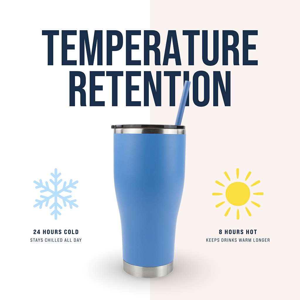 Blue insulated tumbler with temperature retention features on a white background