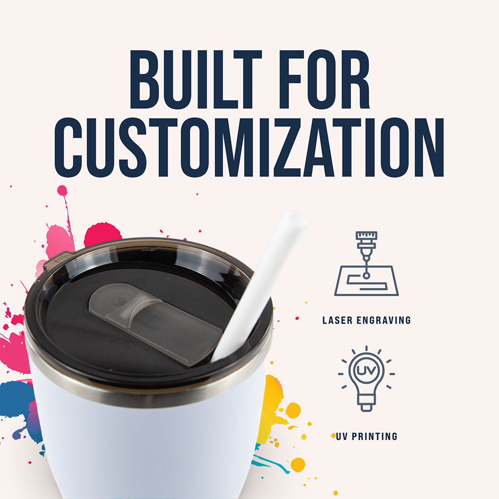 White tumbler with black lid and straw on a white background with text 'Built for Customization' and graphics of laser engraving and UV printing.