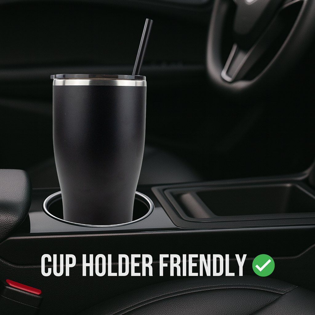 Black tumbler with straw in a car cup holder, with 'Cup Holder Friendly' text and green check mark.