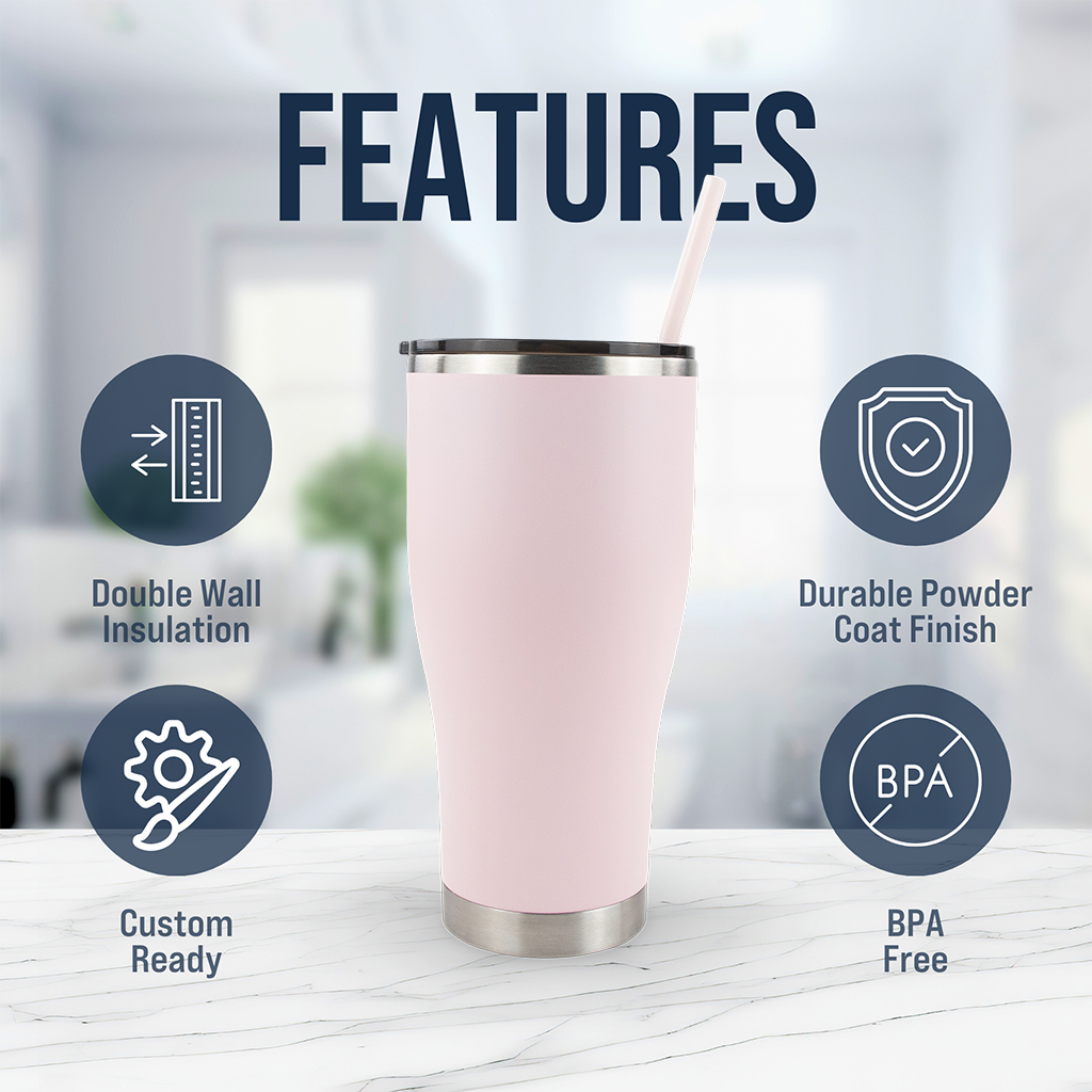 Pink insulated tumbler with features listed on a blurred background