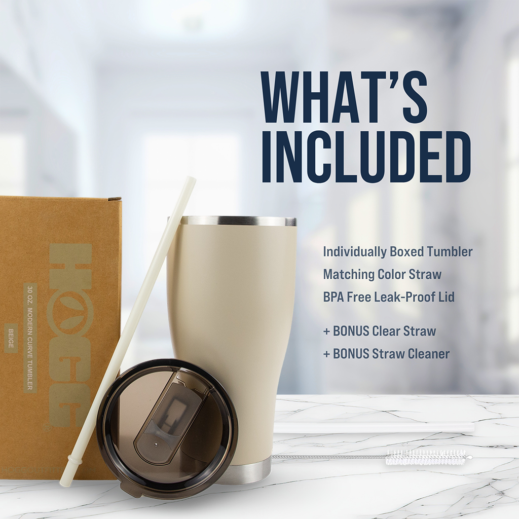 Beige tumbler with matching color straw, BPA-free leak-proof lid, and additional straws and cleaner on a marble surface.