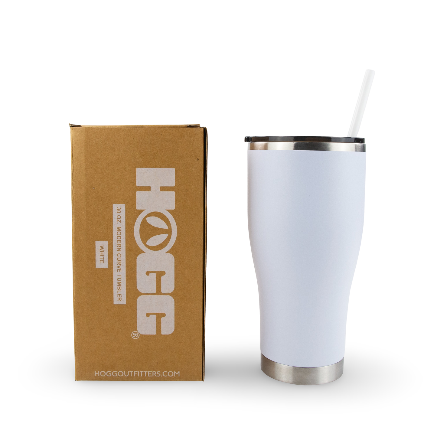 White tumbler with silver rim and straw next to a brown box with 'Hogg Outfitters' branding on a white background.