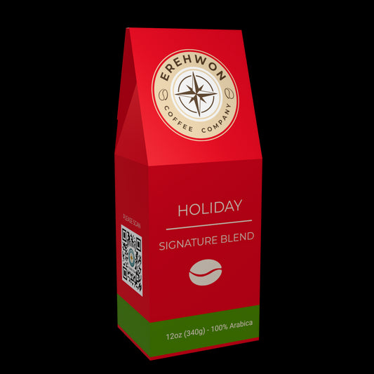 Erehwon Coffee Holiday medium roast blend bag with warm cinnamon-like and cozy seasonal notes