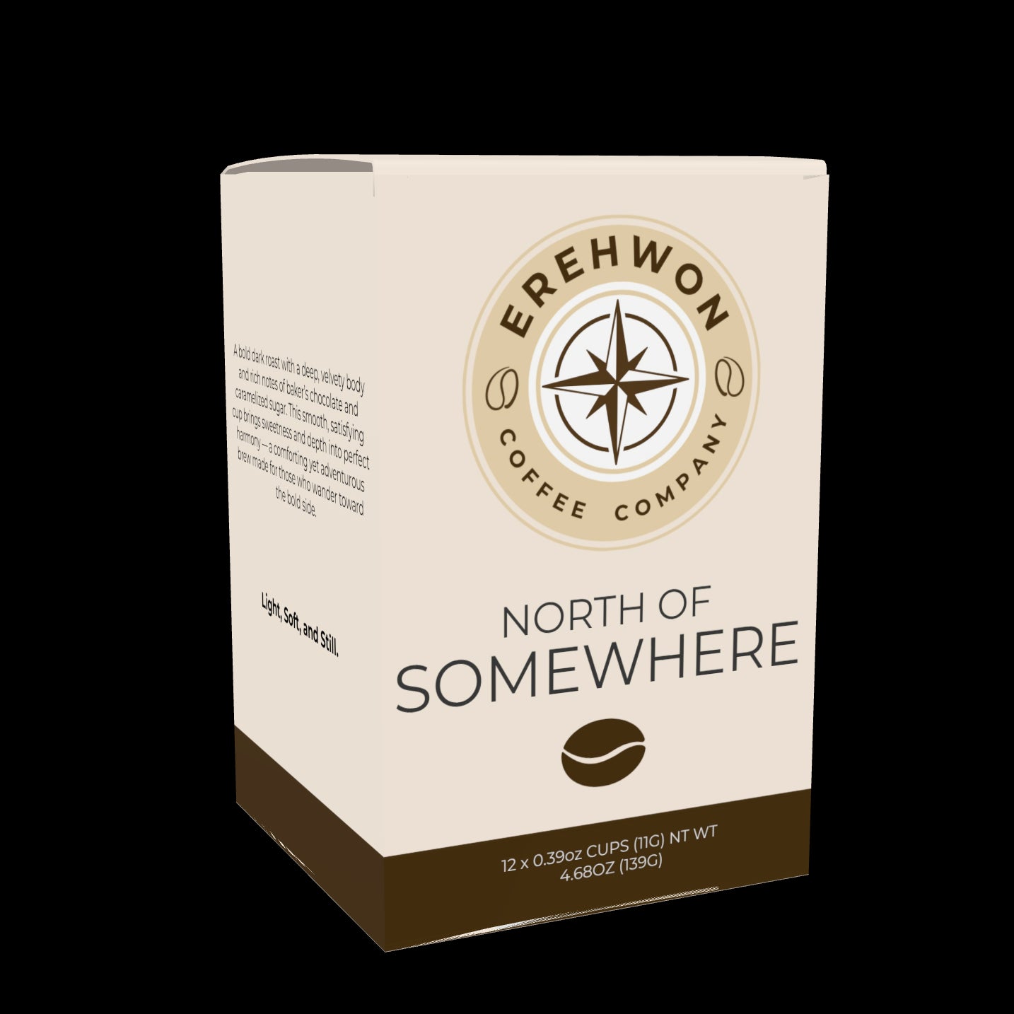Erehwon Coffee “North of Somewhere” dark roast coffee bag with rich bold flavor and deep roasted notes.