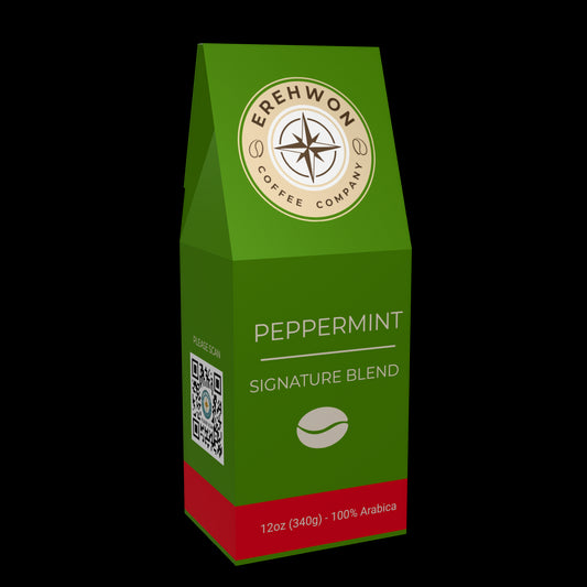 Erehwon Coffee Holiday Peppermint flavored coffee bag with festive mint aroma